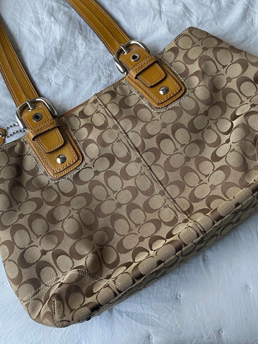 Coach Monogram Canvas Tote with Mustard Leather Straps